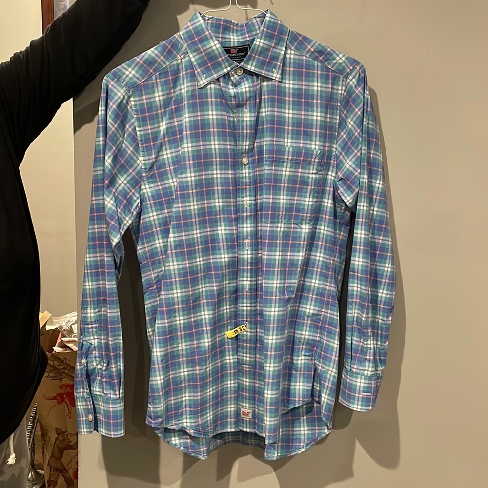 This is a vineyard vines button down shirt, green and blue. Size small